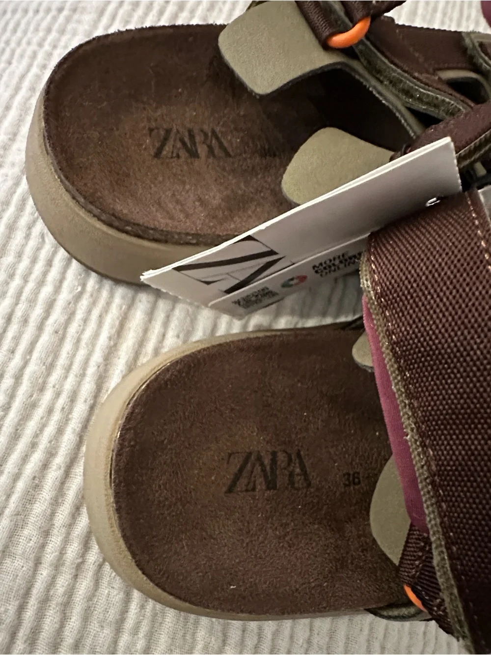 Zara Olive and Brown Kids Hook-and-Loop Sandals with Pink Heel Lining US size 4